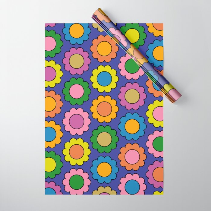 Colorful Flowers Cheerful Happy Retro Pattern on Blue Wrapping Paper Gallery Image 1