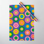 Colorful Flowers Cheerful Happy Retro Pattern on Blue Wrapping Paper Gallery Image 1