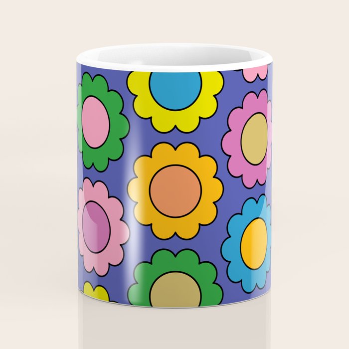 Colorful Flowers Cheerful Happy Retro Pattern on Blue Coffee Mug Gallery Image 4