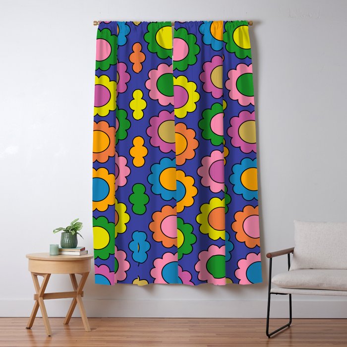 Colorful Flowers Cheerful Happy Retro Pattern on Blue Window Curtain Gallery Image 5