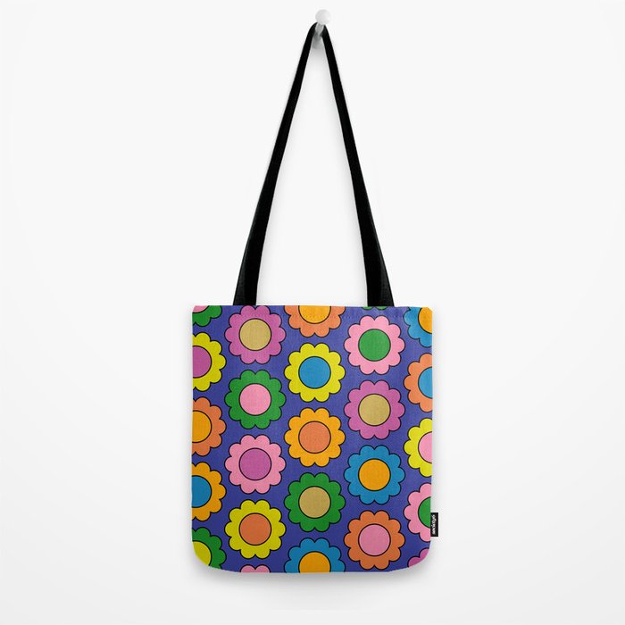 Colorful Flowers Cheerful Happy Retro Pattern on Blue Tote Bag Gallery Image 2
