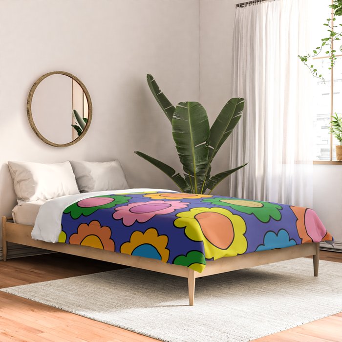 Colorful Flowers Cheerful Happy Retro Pattern on Blue Comforter Gallery Image 2