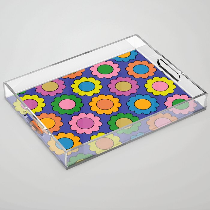 Colorful Flowers Cheerful Happy Retro Pattern on Blue Acrylic Tray Gallery Image 1