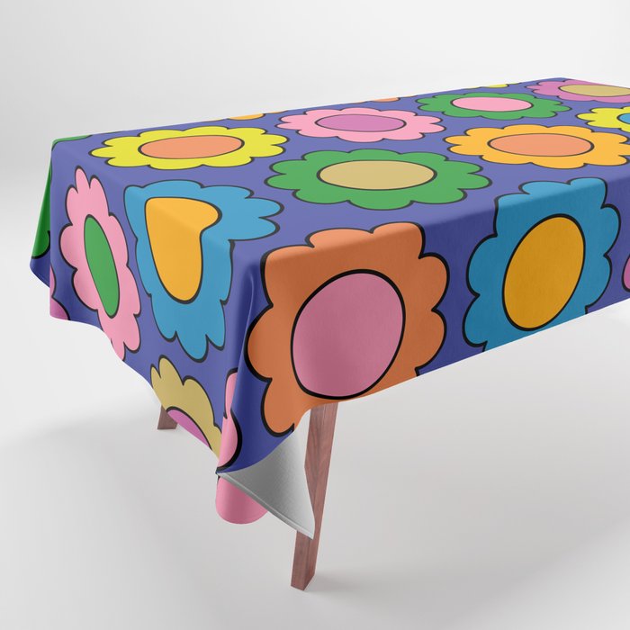 Colorful Flowers Cheerful Happy Retro Pattern on Blue Tablecloth Gallery Image 1