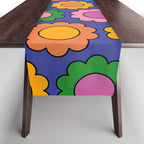 Colorful Flowers Cheerful Happy Retro Pattern on Blue Table Runner Gallery Image 1