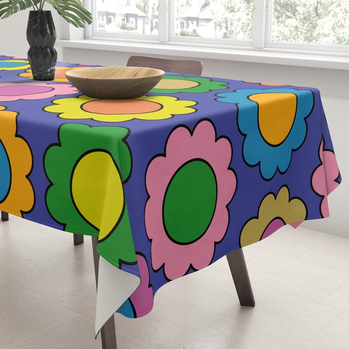 Colorful Flowers Cheerful Happy Retro Pattern on Blue Tablecloth Gallery Image 3