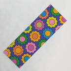 Colorful Flowers Cheerful Happy Retro Pattern on Blue Yoga Mat Gallery Image 1