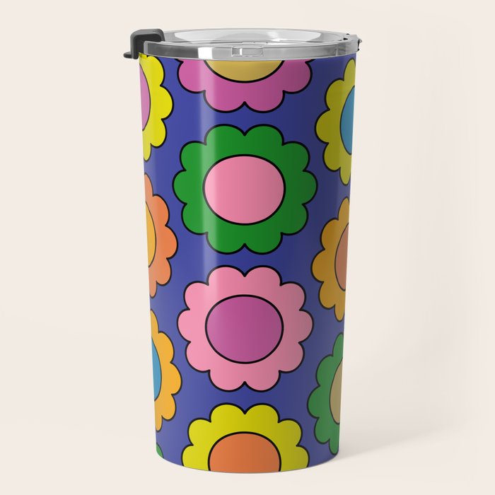 Colorful Flowers Cheerful Happy Retro Pattern on Blue Travel Mug Gallery Image 3