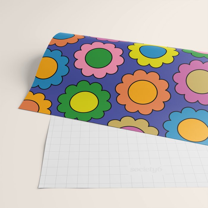 Colorful Flowers Cheerful Happy Retro Pattern on Blue Wrapping Paper Gallery Image 2