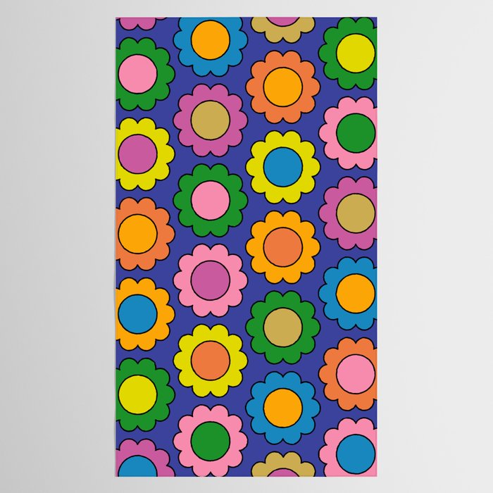 Colorful Flowers Cheerful Happy Retro Pattern on Blue Tablecloth Gallery Image 2