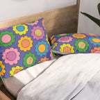 Colorful Flowers Cheerful Happy Retro Pattern on Blue Pillow Sham Gallery Image 2