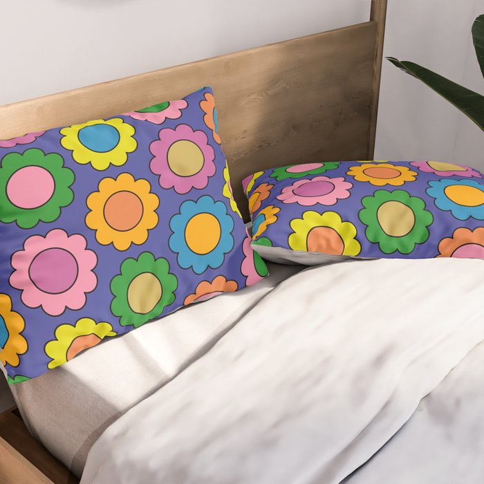Colorful Flowers Cheerful Happy Retro Pattern on Blue Pillow Sham Gallery Image 2