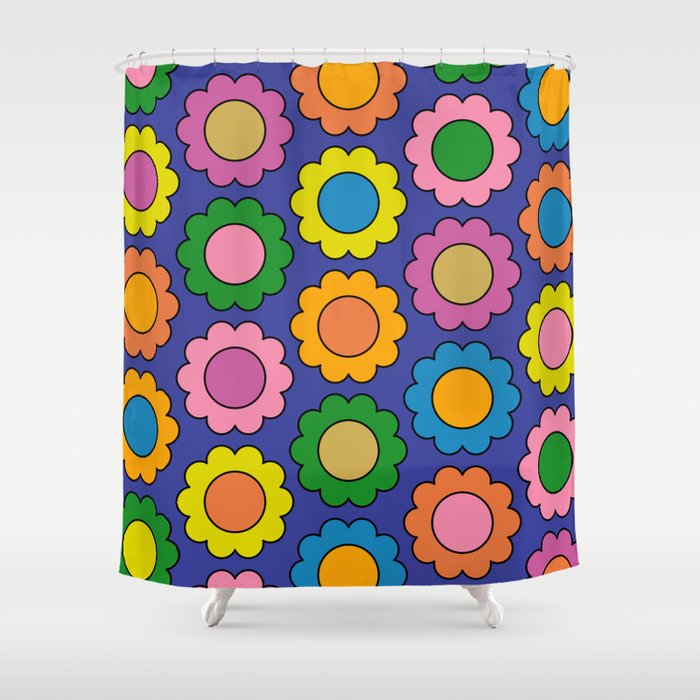 Colorful Flowers Cheerful Happy Retro Pattern on Blue Shower Curtain Gallery Image 1