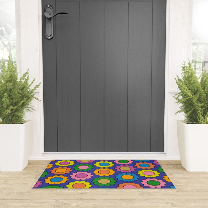 Colorful Flowers Cheerful Happy Retro Pattern on Blue Welcome Mat Gallery Image 3