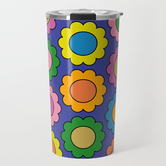 Colorful Flowers Cheerful Happy Retro Pattern on Blue Travel Mug Gallery Image 1