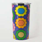 Colorful Flowers Cheerful Happy Retro Pattern on Blue Travel Mug Gallery Image 1