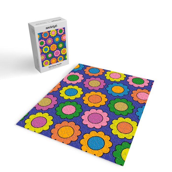 Colorful Flowers Cheerful Happy Retro Pattern on Blue Jigsaw Puzzle Gallery Image 2