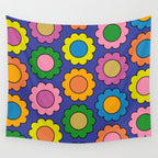Colorful Flowers Cheerful Happy Retro Pattern on Blue Wall Tapestry Gallery Image 4