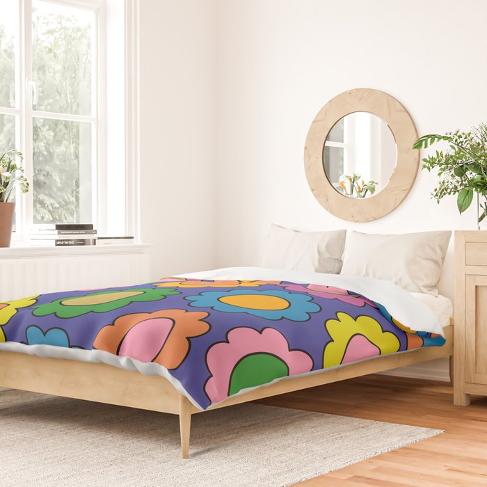 Colorful Flowers Cheerful Happy Retro Pattern on Blue Duvet Cover Gallery Image 2