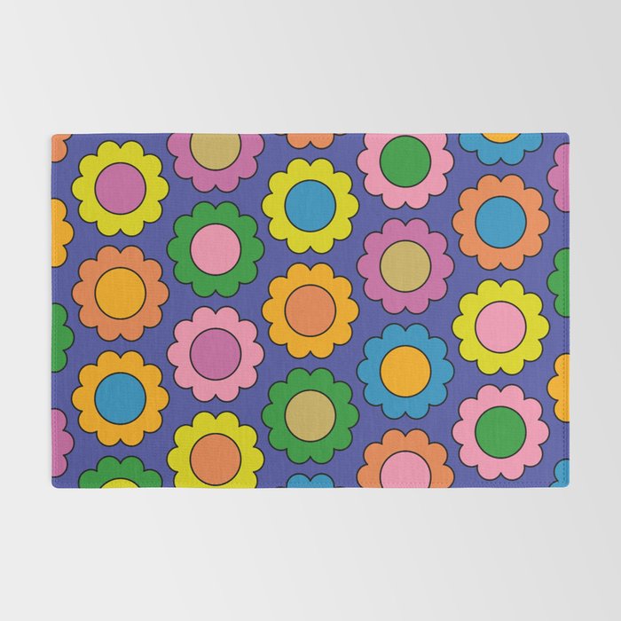 Colorful Flowers Cheerful Happy Retro Pattern on Blue Rug Gallery Image 2