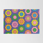 Colorful Flowers Cheerful Happy Retro Pattern on Blue Rug Gallery Image 2
