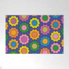 Colorful Flowers Cheerful Happy Retro Pattern on Blue Welcome Mat Gallery Image 1