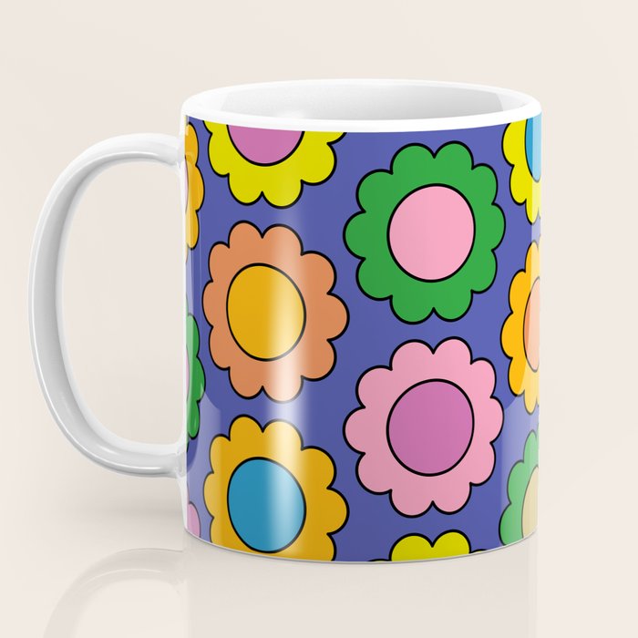 Colorful Flowers Cheerful Happy Retro Pattern on Blue Coffee Mug Gallery Image 3