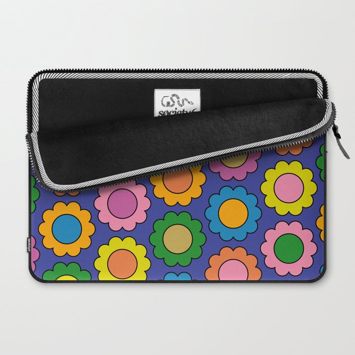 Colorful Flowers Cheerful Happy Retro Pattern on Blue Laptop Sleeve Gallery Image 2