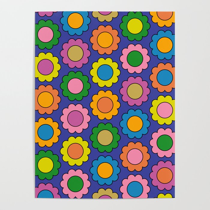 Colorful Flowers Cheerful Happy Retro Pattern on Blue Poster Gallery Image 4