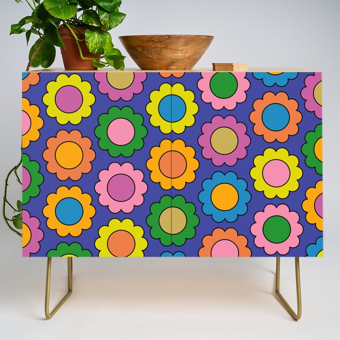 Colorful Flowers Cheerful Happy Retro Pattern on Blue Credenza Gallery Image 1
