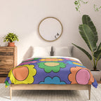 Colorful Flowers Cheerful Happy Retro Pattern on Blue Comforter Gallery Image 3