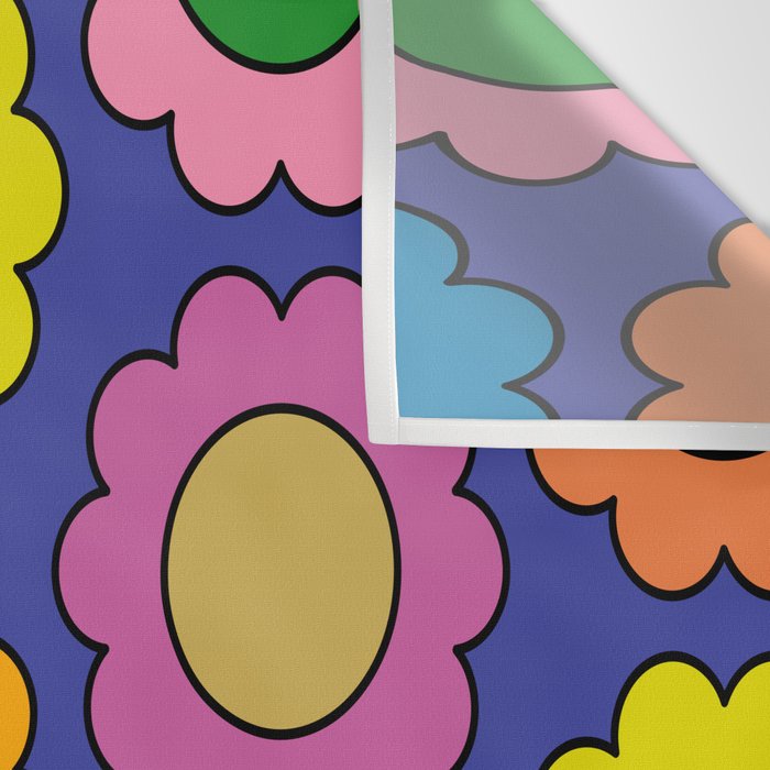 Colorful Flowers Cheerful Happy Retro Pattern on Blue Wall Tapestry Gallery Image 3