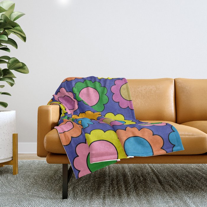 Colorful Flowers Cheerful Happy Retro Pattern on Blue Throw Blanket Gallery Image 1