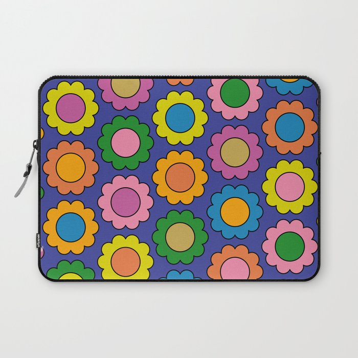 Colorful Flowers Cheerful Happy Retro Pattern on Blue Laptop Sleeve Gallery Image 1