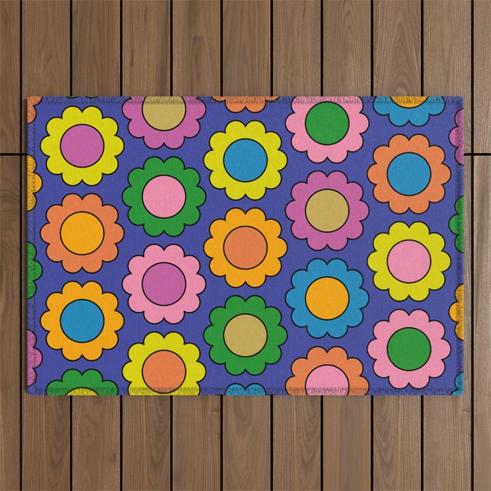 Colorful Flowers Cheerful Happy Retro Pattern on Blue Outdoor Rug Gallery Image 1