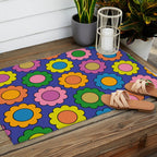 Colorful Flowers Cheerful Happy Retro Pattern on Blue Outdoor Rug Gallery Image 2