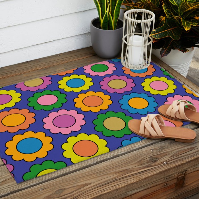Colorful Flowers Cheerful Happy Retro Pattern on Blue Outdoor Rug Gallery Image 2