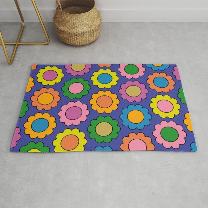 Colorful Flowers Cheerful Happy Retro Pattern on Blue Rug Gallery Image 1