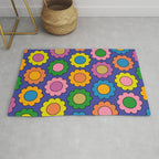 Colorful Flowers Cheerful Happy Retro Pattern on Blue Rug Gallery Image 1