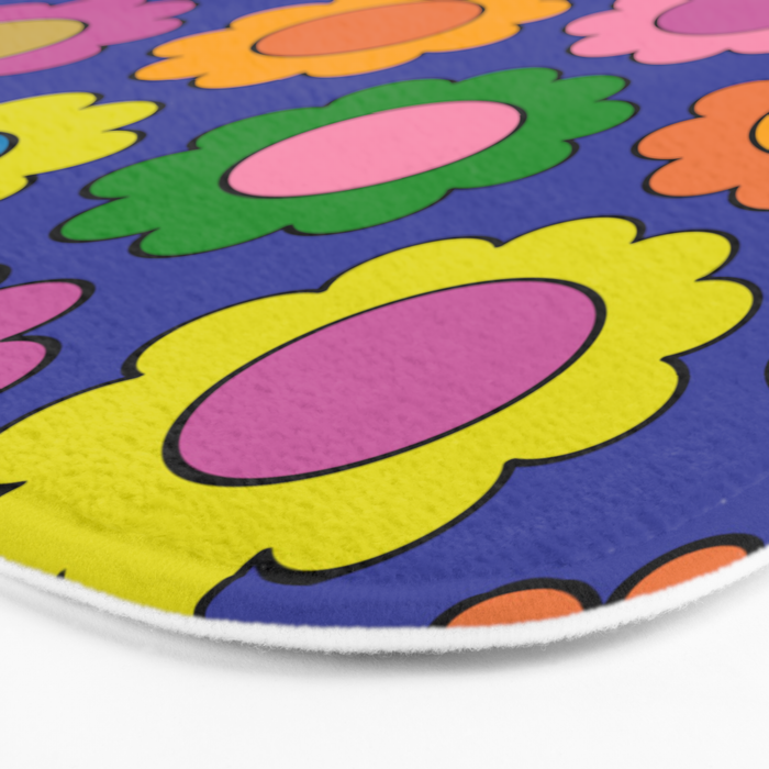 Colorful Flowers Cheerful Happy Retro Pattern on Blue Bath Mat Gallery Image 3