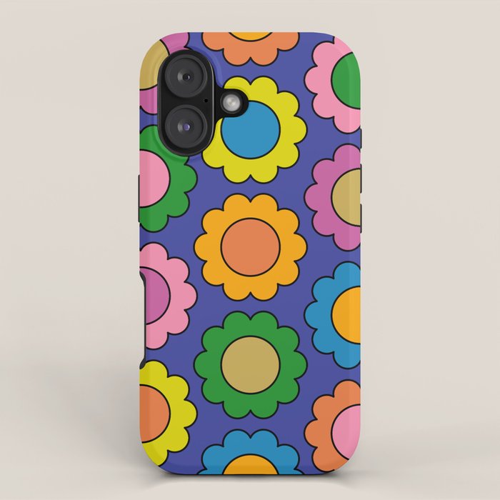 Colorful Flowers Cheerful Happy Retro Pattern on Blue iPhone Case Gallery Image 1