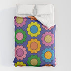 Colorful Flowers Cheerful Happy Retro Pattern on Blue Duvet Cover Gallery Image 6