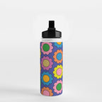 Colorful Flowers Cheerful Happy Retro Pattern on Blue Water Bottle Gallery Image 2