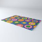 Colorful Flowers Cheerful Happy Retro Pattern on Blue Rug Gallery Image 3