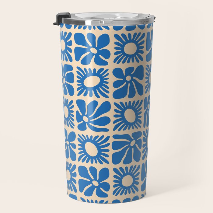 Abstract blue retro flower art pattern Travel Mug Gallery Image 3