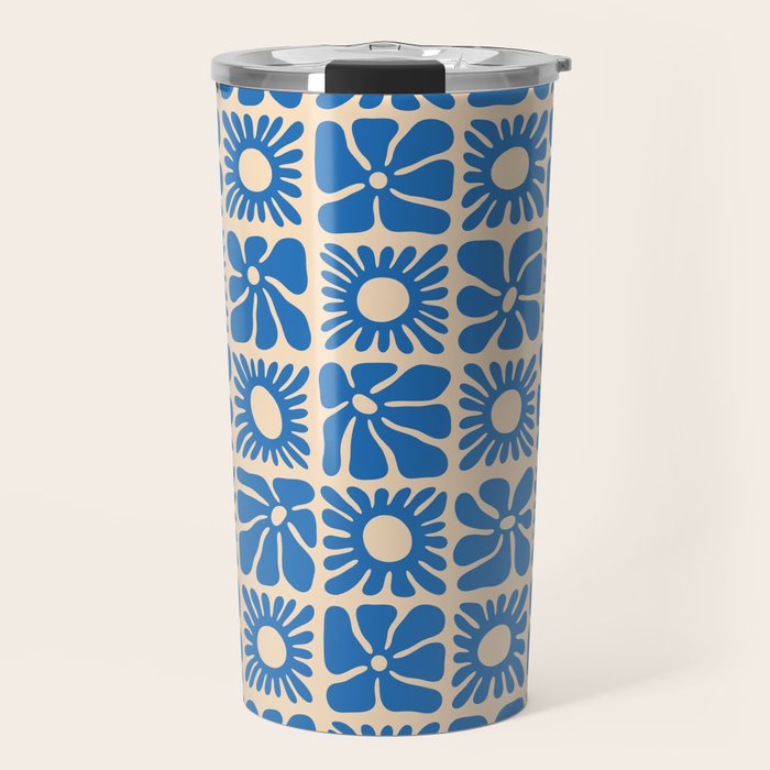 Abstract blue retro flower art pattern Travel Mug Gallery Image 1