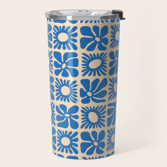 Abstract blue retro flower art pattern Travel Mug Gallery Image 2