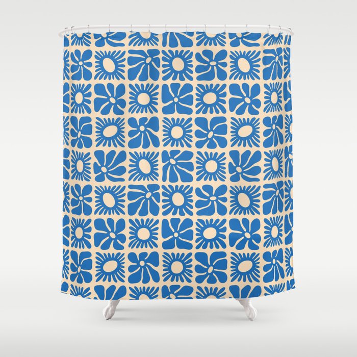 Abstract blue retro flower art pattern Shower Curtain Gallery Image 1