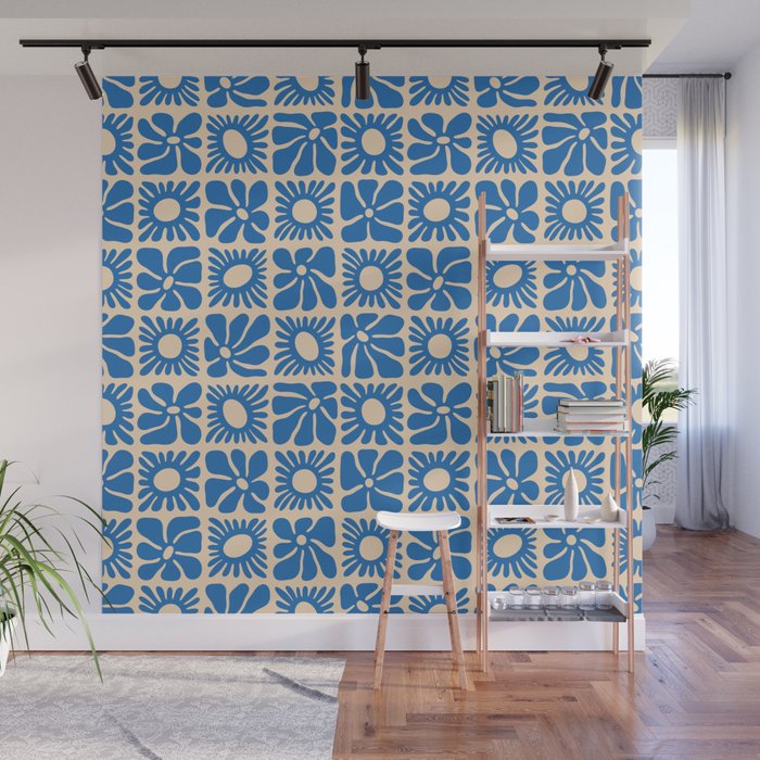 Abstract blue retro flower art pattern Wall Mural Gallery Image 1