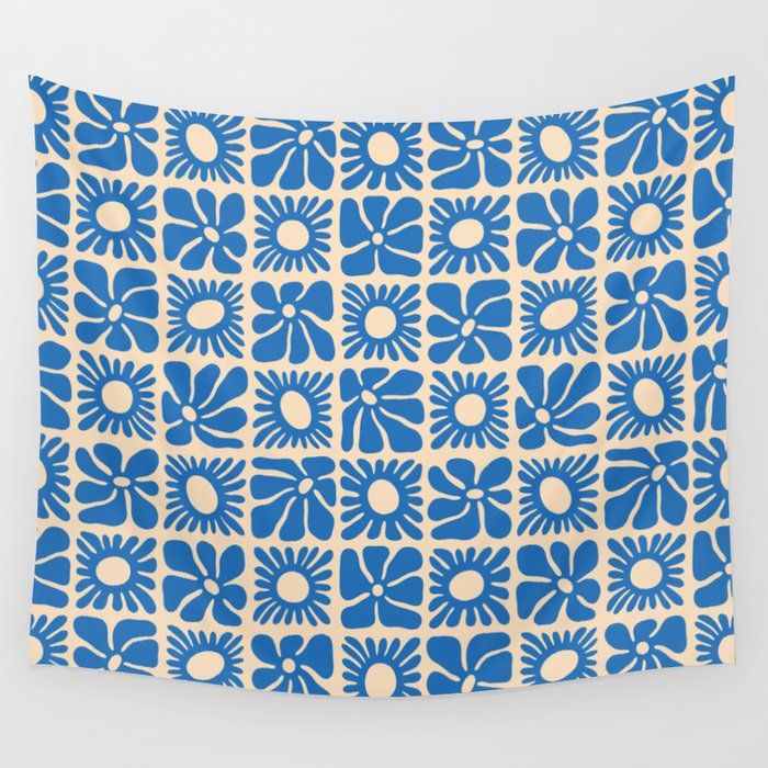 Abstract blue retro flower art pattern Wall Tapestry Gallery Image 4